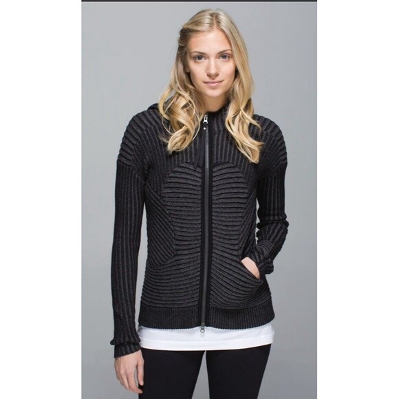 LULULEMON 2014 Embrace Black Heathered Dark Grey Ribbed Knit Hoodie Jacket Small - Picture 1 of 7
